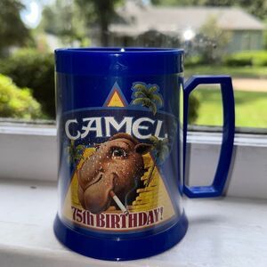Vintage 1988 Camel 75th Birthday Thermo Serv blue plastic mug